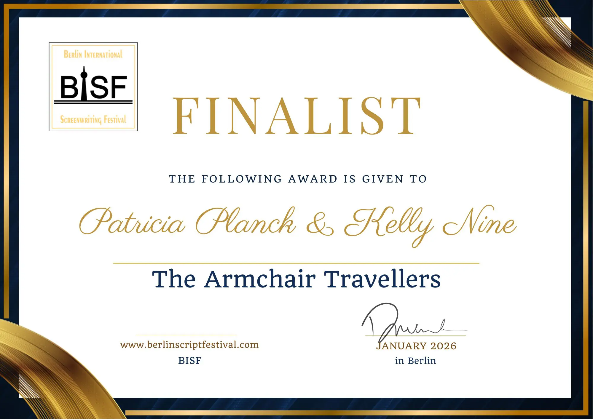 Award certificate for The Armchair Travellers, finalist for the Patricia March & Holly Nixon Award.