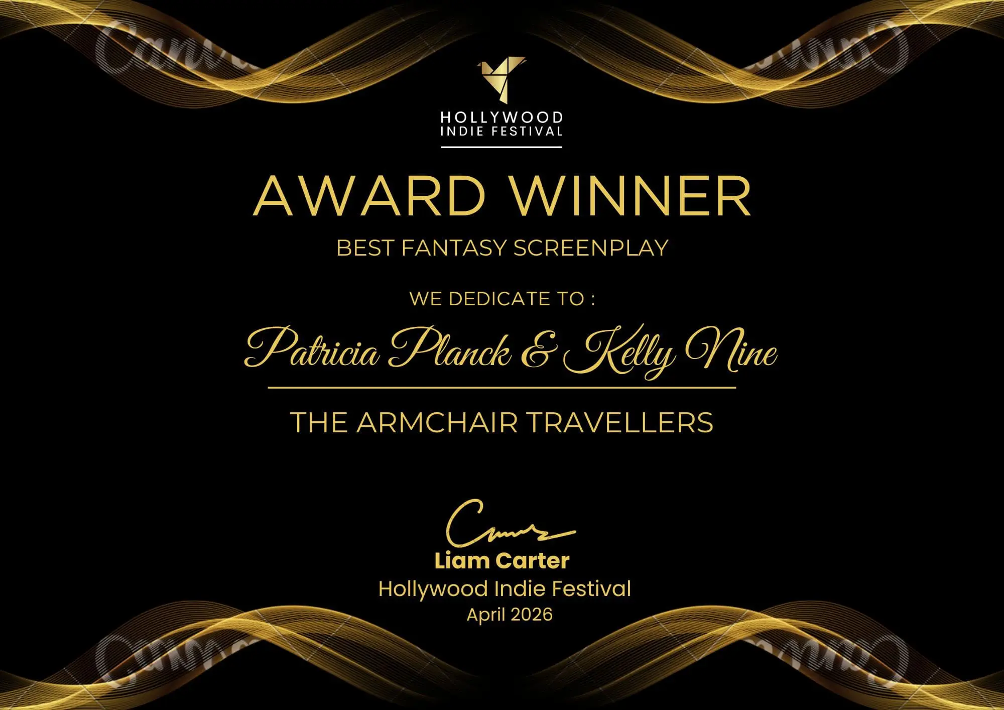Hollywood Indie Festival award certificate, gold design