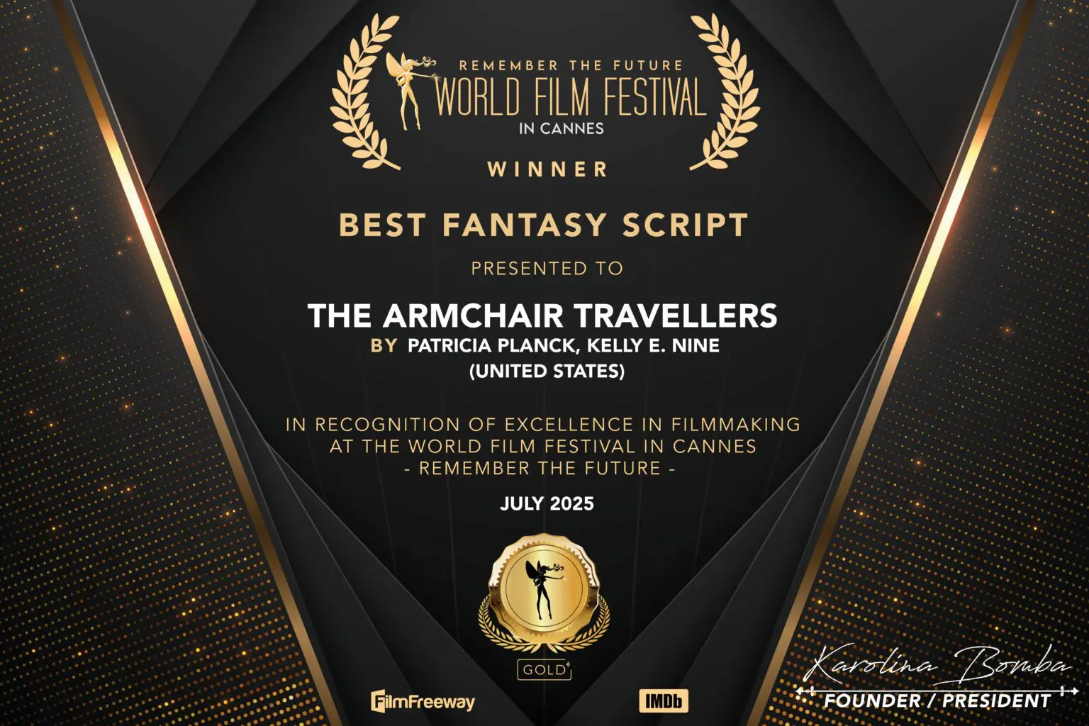 Award plaque for Best Fantasy Script at the World Film Festival.